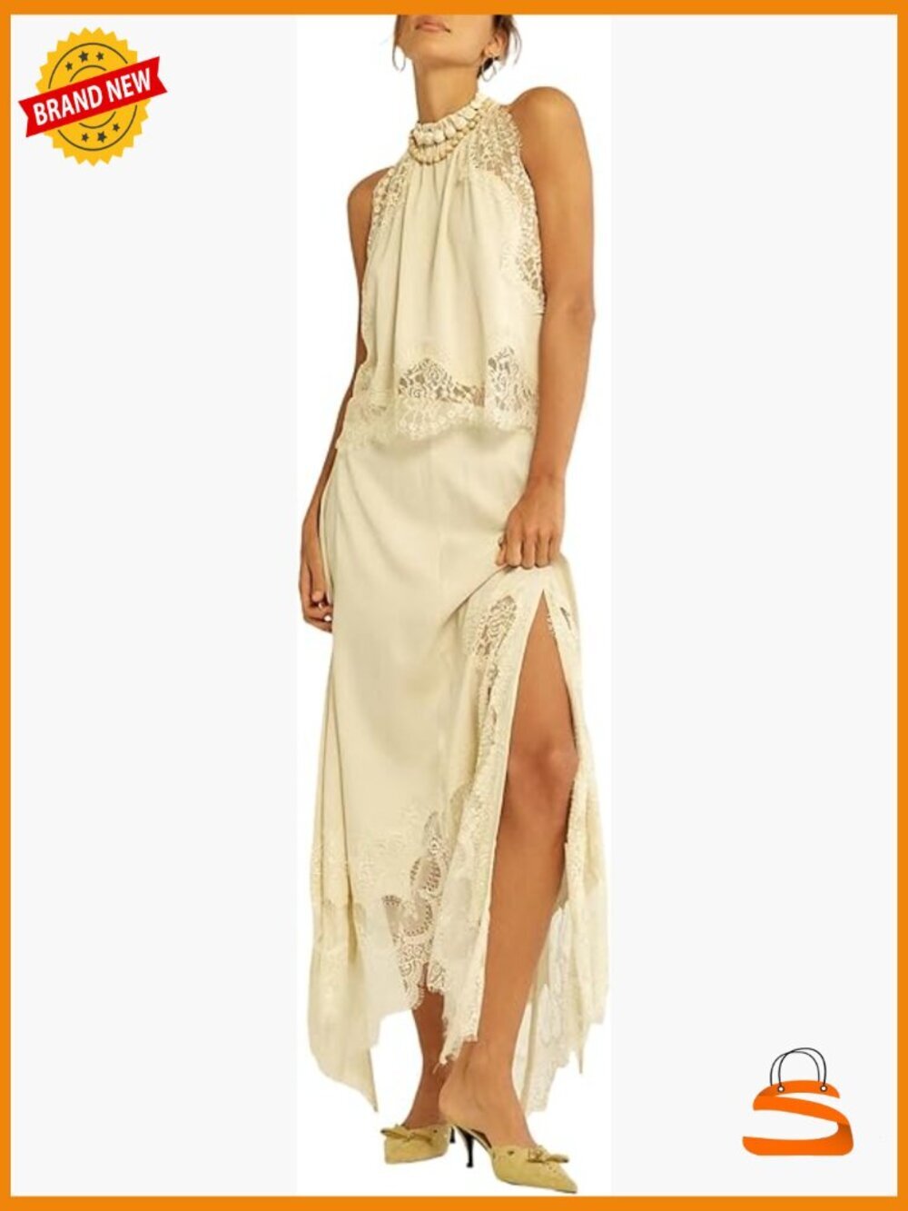 Satin 2 Piece Maxi Skirt Set Lace Trim Backless Tank Top Silk Slip Long Skirt
